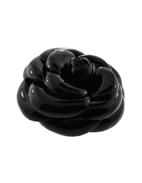 Chanel Vintage Shiny Black Patent Camellia Brooch Pin