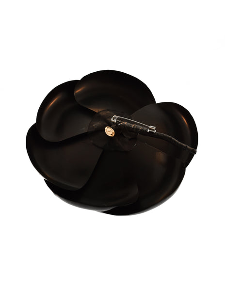 Chanel Vintage Shiny Black Patent Camellia Brooch Pin