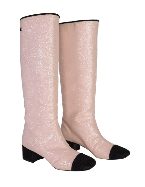 Chanel AW 2017 Light Pink and Black Glitter Knee High Boots