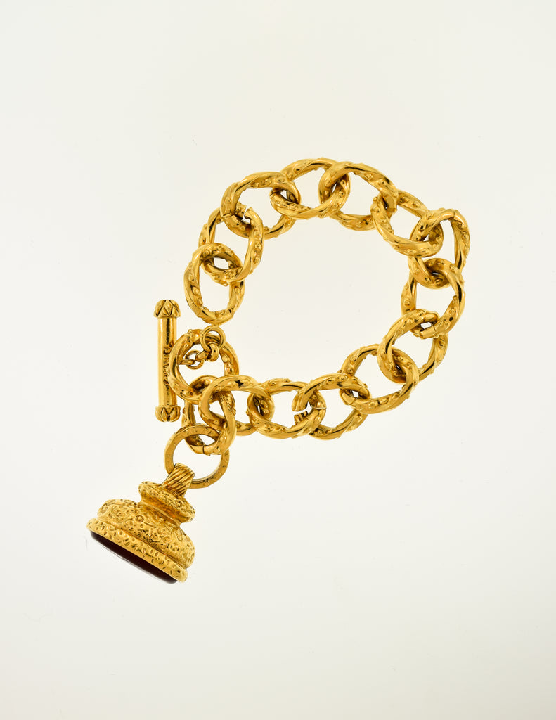 Chanel Vintage Red CC Logo Gripoix Signet Fob Charm Chain Bracelet