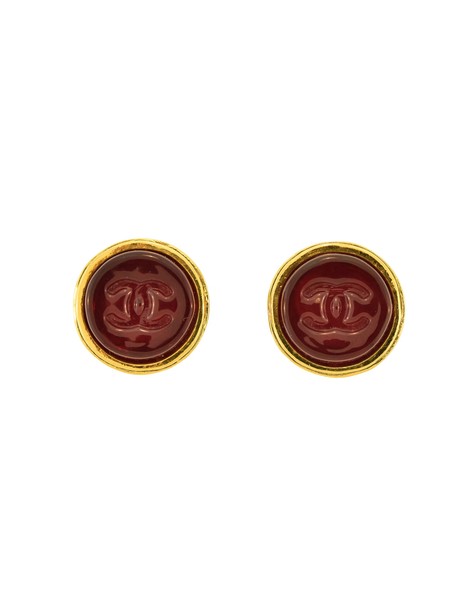 Chanel Vintage Red CC Logo Gripoix Gold Button Earrings