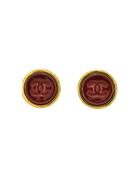 Chanel Vintage Red CC Logo Gripoix Gold Button Earrings
