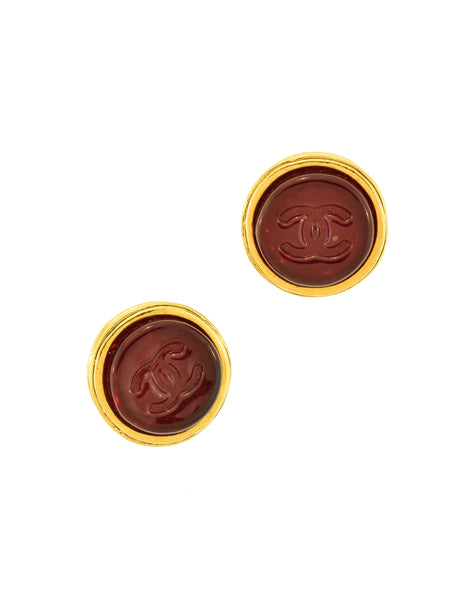Chanel Vintage Red CC Logo Gripoix Gold Button Earrings