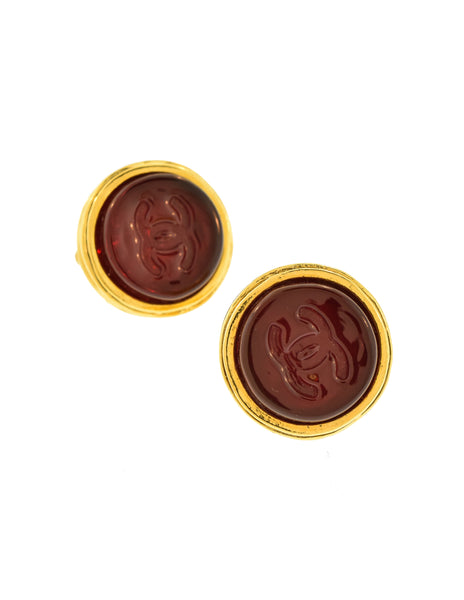 Chanel Vintage Red CC Logo Gripoix Gold Button Earrings
