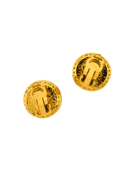 Chanel Vintage Red CC Logo Gripoix Gold Button Earrings