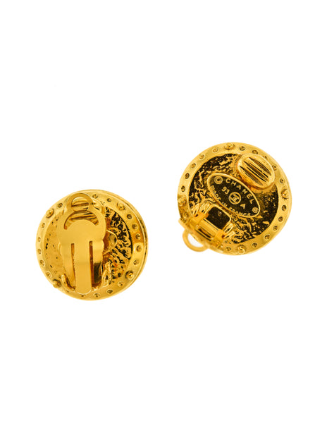 Chanel Vintage Red CC Logo Gripoix Gold Button Earrings