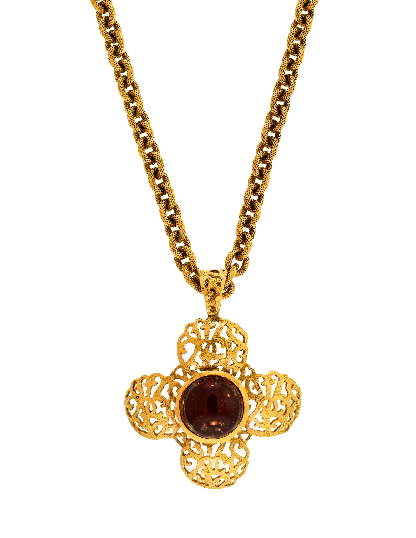Chanel Vintage Red Gripoix CC Logo Gold Maltese Cross Pendant Necklace