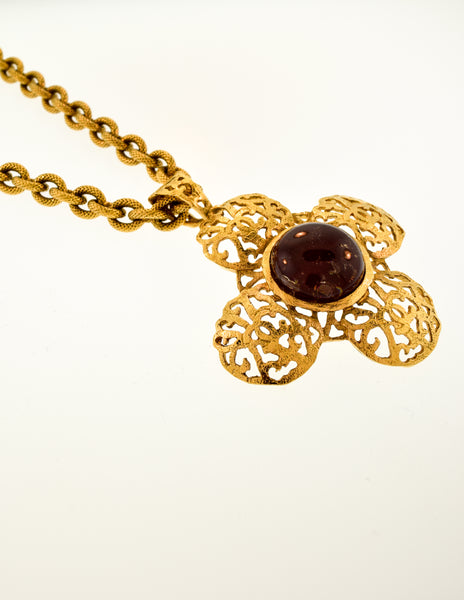 Chanel Vintage Red Gripoix CC Logo Gold Maltese Cross Pendant Necklace