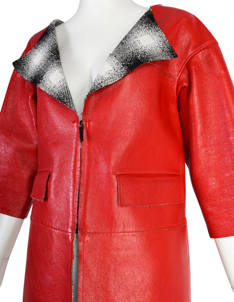 Chanel SS 2013 Cherry Red Lambskin Leather Black White Silk Tweed Coat