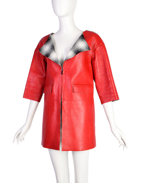 Chanel SS 2013 Cherry Red Lambskin Leather Black White Silk Tweed Coat