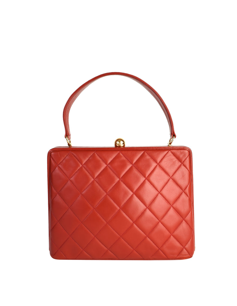 Auth CHANEL Red Quilted Lambskin Leather Chain Shoulder Flap Bag #49845