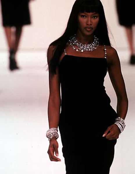 Chanel Vintage SS 1998 Runway Black Wool Crepe Rhinestone Chain Strap Column Dress
