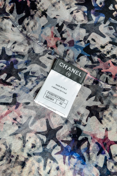 Chanel Vintage Pastel Multicolor Graphic Star Print Sheer Silk Chiffon Blouse Top
