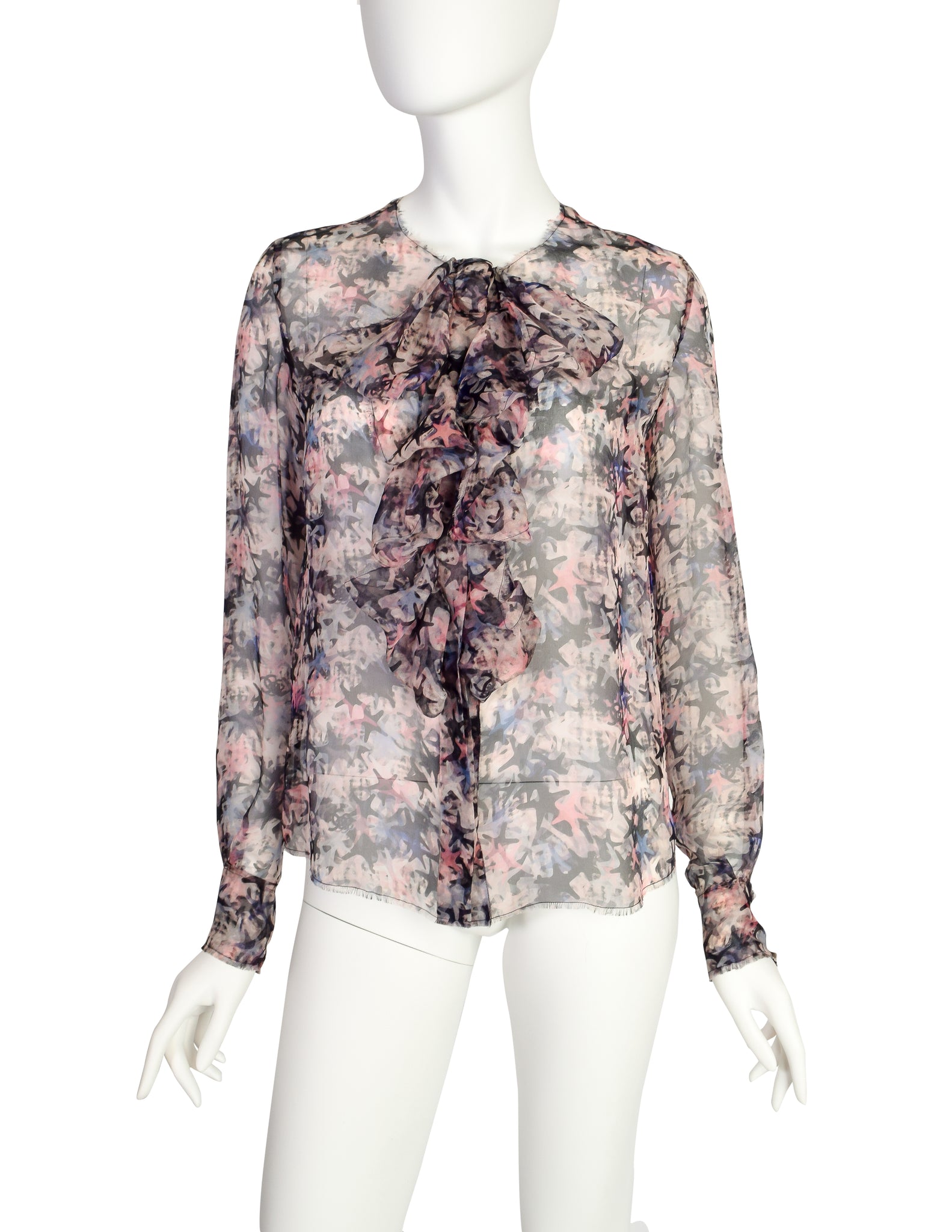 Chanel Vintage Pastel Multicolor Graphic Star Print Sheer Silk Chiffon Blouse Top