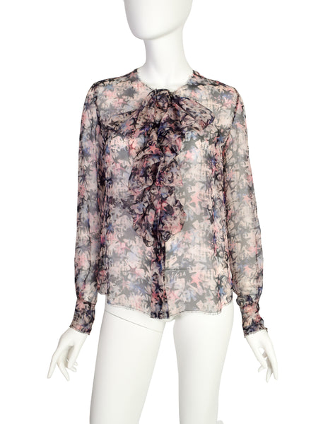 Chanel Vintage Pastel Multicolor Graphic Star Print Sheer Silk Chiffon Blouse Top