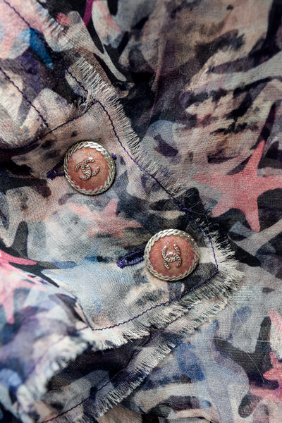 Chanel Vintage Pastel Multicolor Graphic Star Print Sheer Silk Chiffon Blouse Top