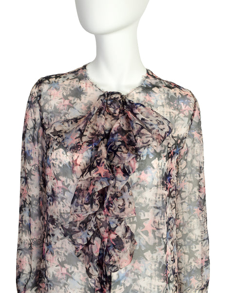 Chanel Vintage Pastel Multicolor Graphic Star Print Sheer Silk Chiffon Blouse Top