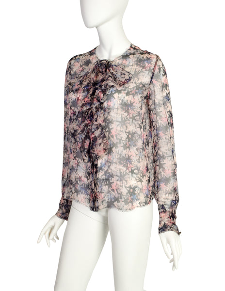 Chanel Vintage Pastel Multicolor Graphic Star Print Sheer Silk Chiffon Blouse Top