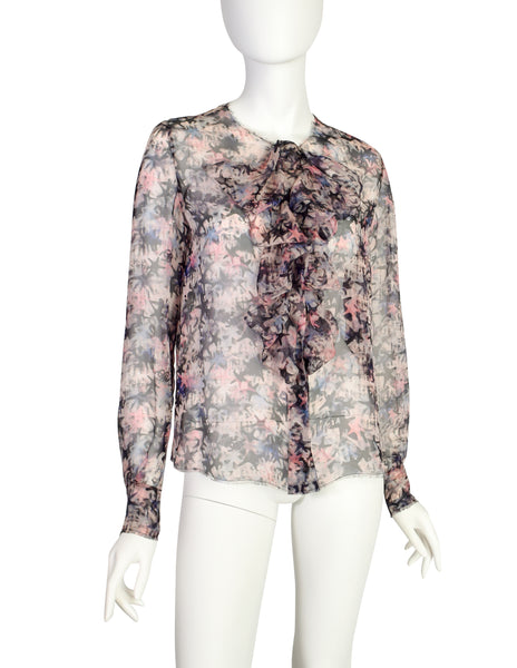 Chanel Vintage Pastel Multicolor Graphic Star Print Sheer Silk Chiffon Blouse Top