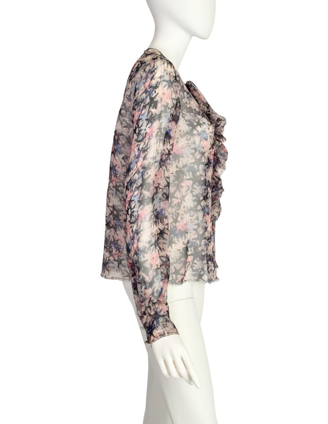 Chanel Vintage Pastel Multicolor Graphic Star Print Sheer Silk Chiffon Blouse Top