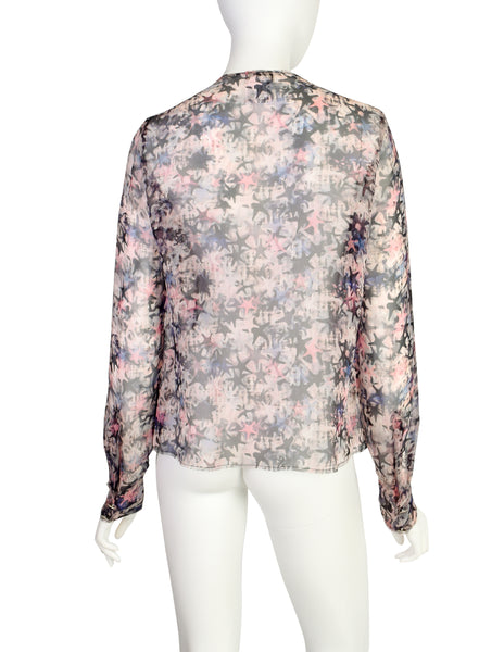 Chanel Vintage Pastel Multicolor Graphic Star Print Sheer Silk Chiffon Blouse Top