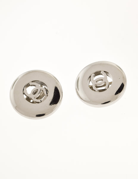 Chanel Vintage 1997 Silver Tone CC Logo Round Button Earrings