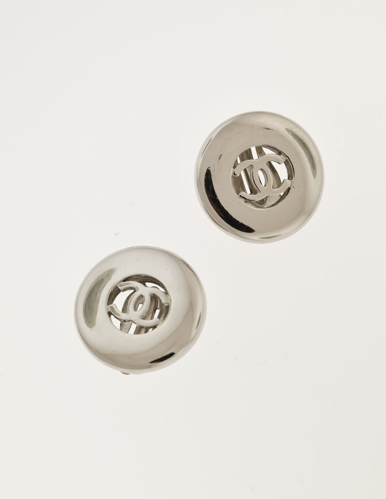 Chanel Vintage 1997 Silver Tone CC Logo Round Button Earrings