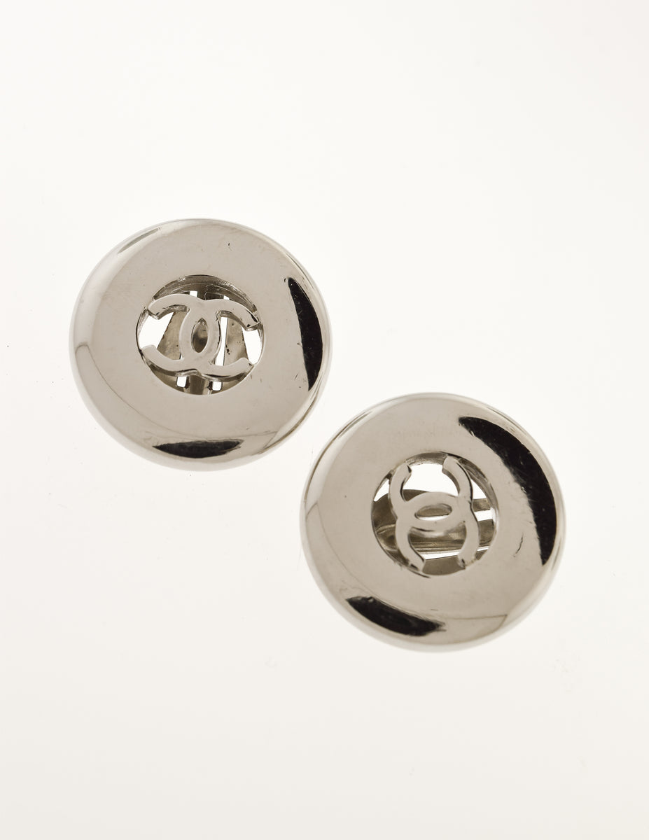 Chanel Vintage 1997 Silver Tone CC Logo Round Button Earrings