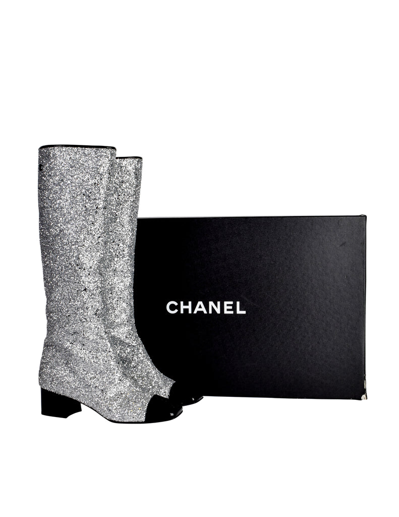 Chanel AW 2017 Iconic Silver Glitter Black Patent Leather Boots