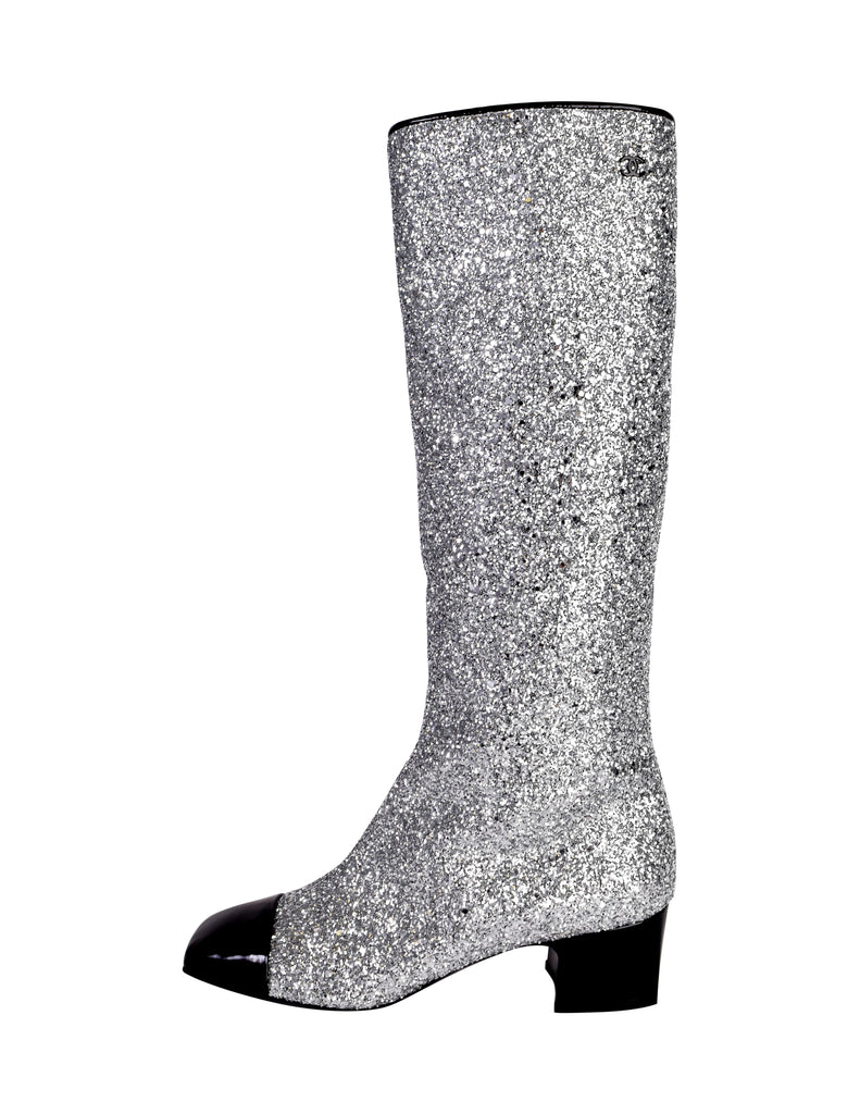 Chanel AW 2017 Iconic Silver Glitter Black Patent Leather Boots – Amarcord  Vintage Fashion
