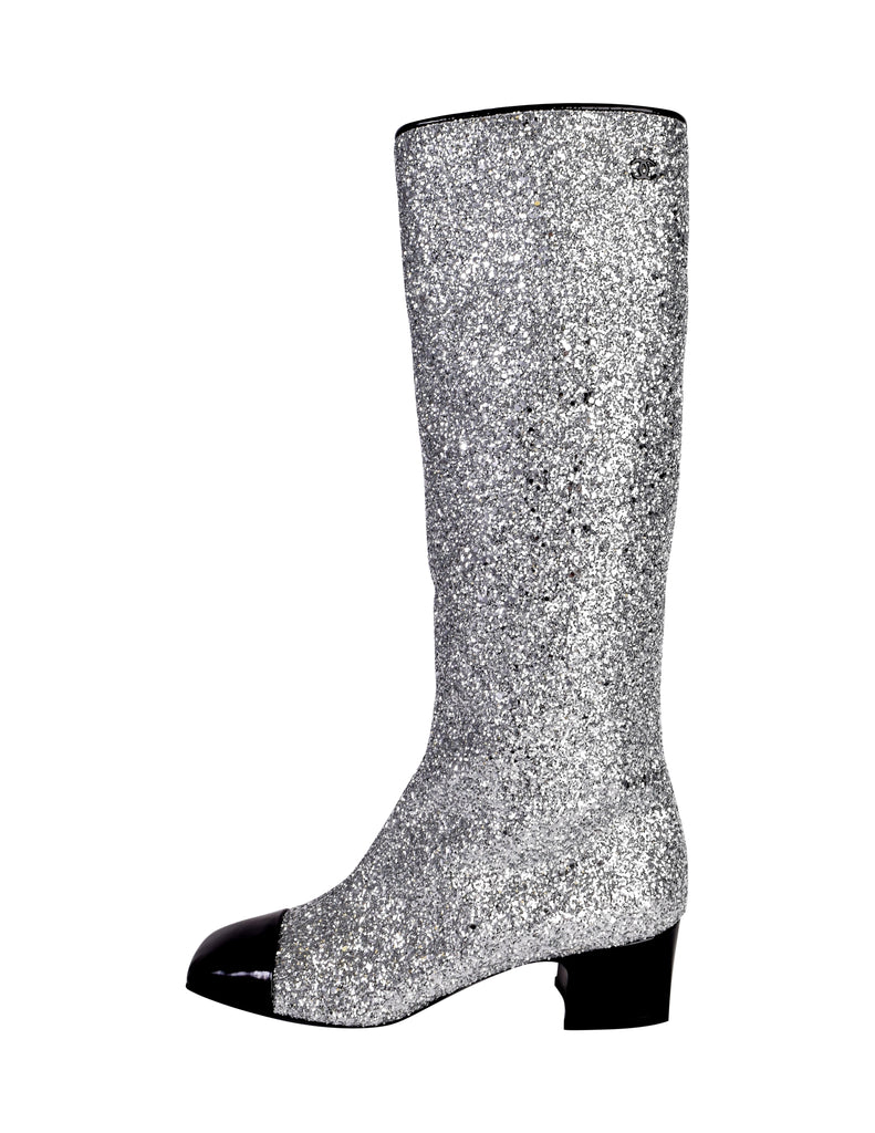 Chanel AW 2017 Iconic Silver Glitter Black Patent Leather Boots