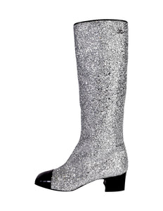 Chanel AW 2017 Iconic Silver Glitter Black Patent Leather Boots