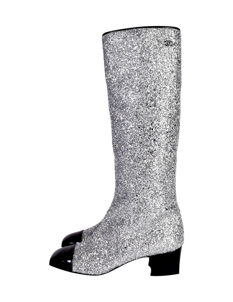 Chanel AW 2017 Iconic Silver Glitter Black Patent Leather Boots