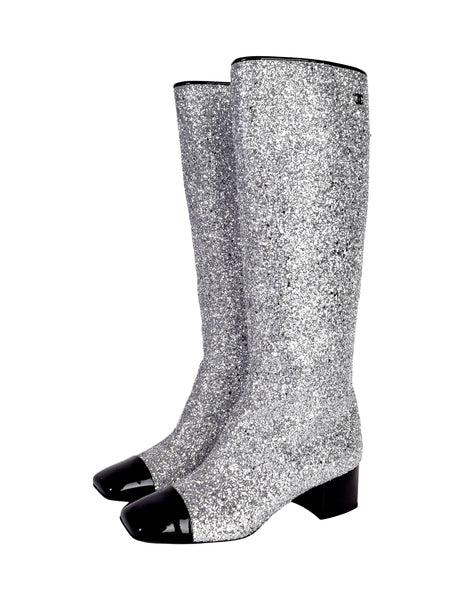 Chanel AW 2017 Iconic Silver Glitter Black Patent Leather Boots