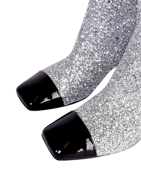 Chanel AW 2017 Iconic Silver Glitter Black Patent Leather Boots