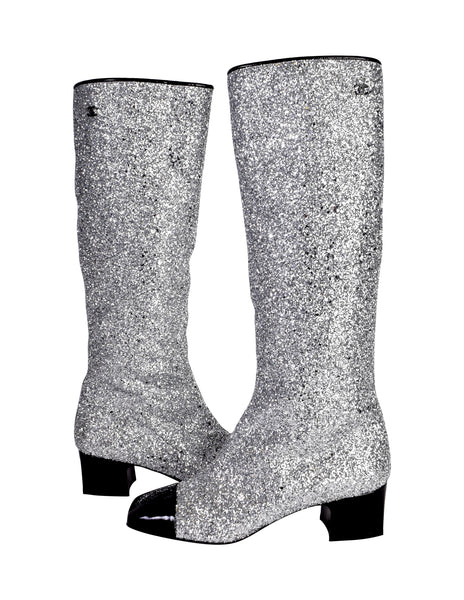Chanel AW 2017 Iconic Silver Glitter Black Patent Leather Boots