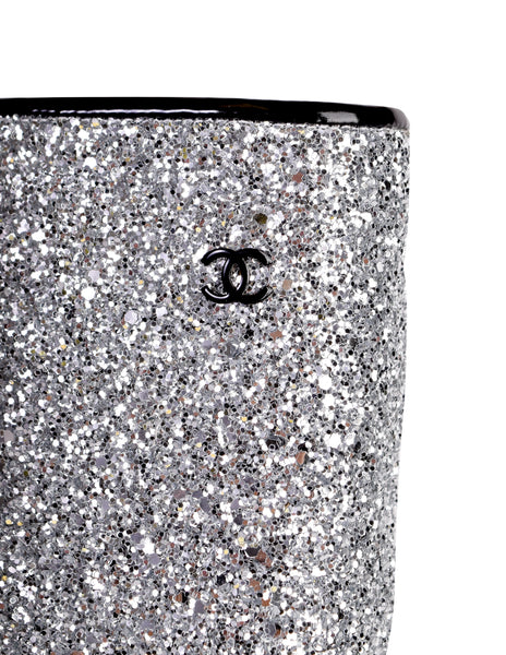 Chanel AW 2017 Iconic Silver Glitter Black Patent Leather Boots