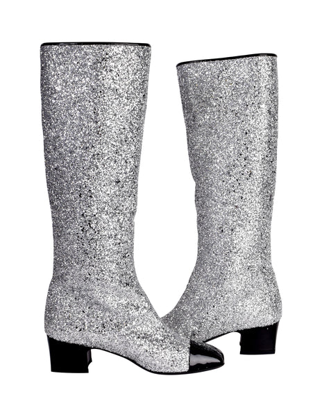 Chanel AW 2017 Iconic Silver Glitter Black Patent Leather Boots