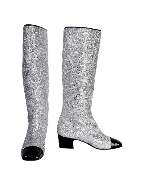 Chanel AW 2017 Iconic Silver Glitter Black Patent Leather Boots