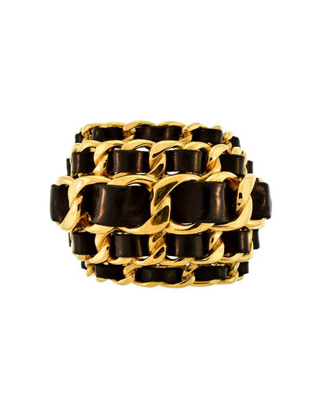 Chanel Vintage Iconic Gold Five Row Chain and Black Leather Cuff Bracelet