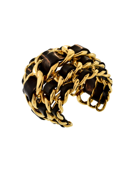 Chanel Vintage Iconic Gold Five Row Chain and Black Leather Cuff Bracelet