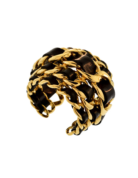 Chanel Vintage Iconic Gold Five Row Chain and Black Leather Cuff Bracelet