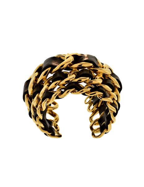 Chanel Vintage Iconic Gold Five Row Chain and Black Leather Cuff Bracelet