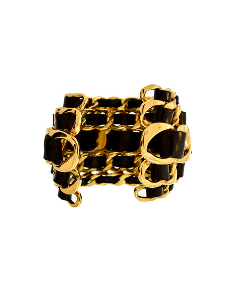 Chanel Vintage Iconic Gold Five Row Chain and Black Leather Cuff Bracelet