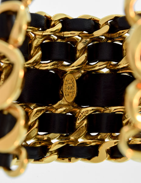 Chanel Vintage Iconic Gold Five Row Chain and Black Leather Cuff Bracelet
