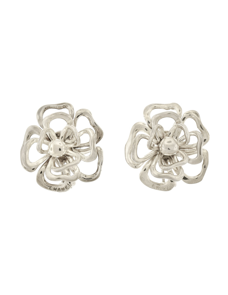 CHANEL VINTAGE Gold Tone Metal Camellia Clip On Earrings