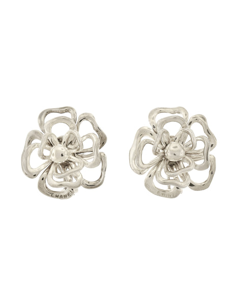 Chanel Vintage Camellia Flower Cut Out Sterling Silver Earrings