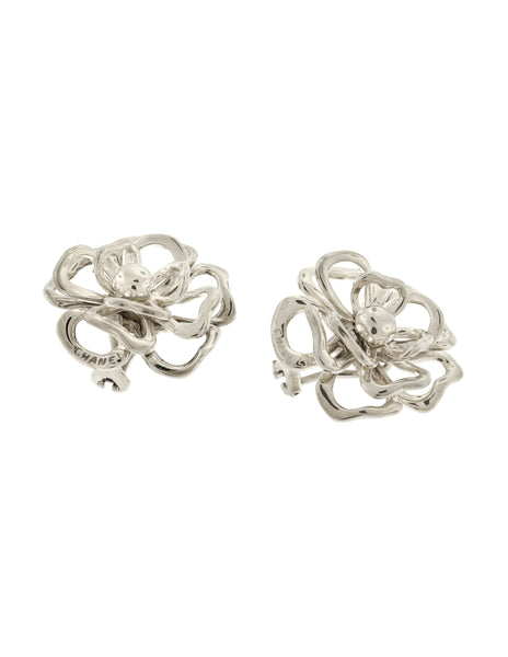 Chanel Vintage Camellia Flower Cut Out Sterling Silver Earrings