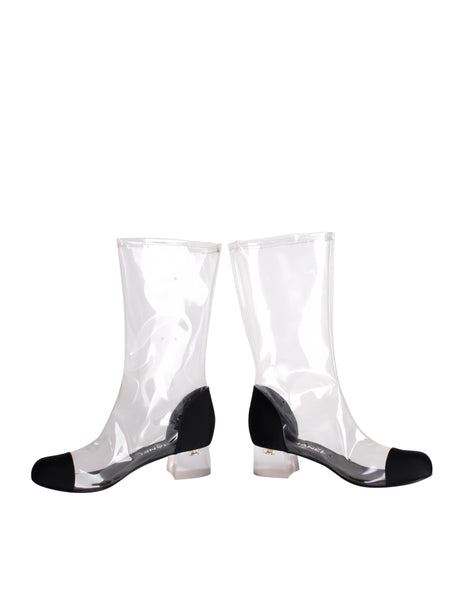 Chanel Vintage Spring Summer 2018 Transparent Black Toe Cap Lucite Heel Boots
