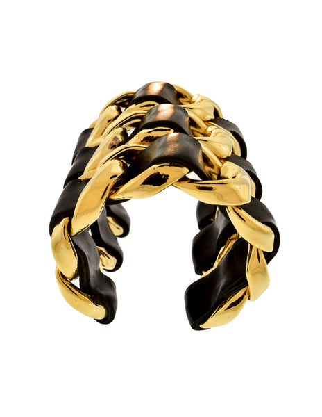 Chanel Vintage Iconic Gold Triple Row Chain and Black Leather Cuff Bracelet